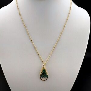 Gold Tone Wire Wrapped Malachite Beaded Teardrop Pendant‎ Necklace